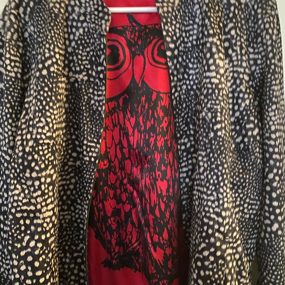 Chico's Black and Tan Patterned Jacket with Red lining
